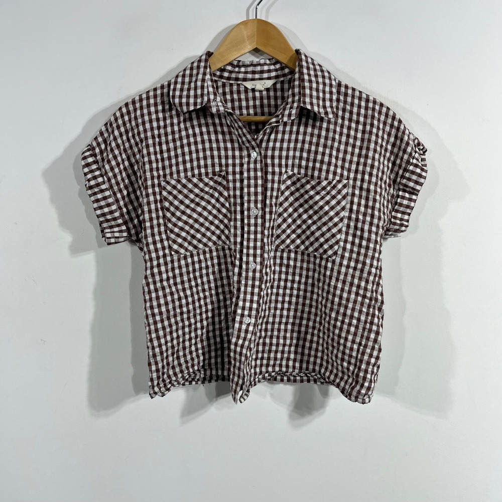 Sim & Sam Cottagecore Preppy Brown Gingham Cotton Retro Button Down Shirt Small